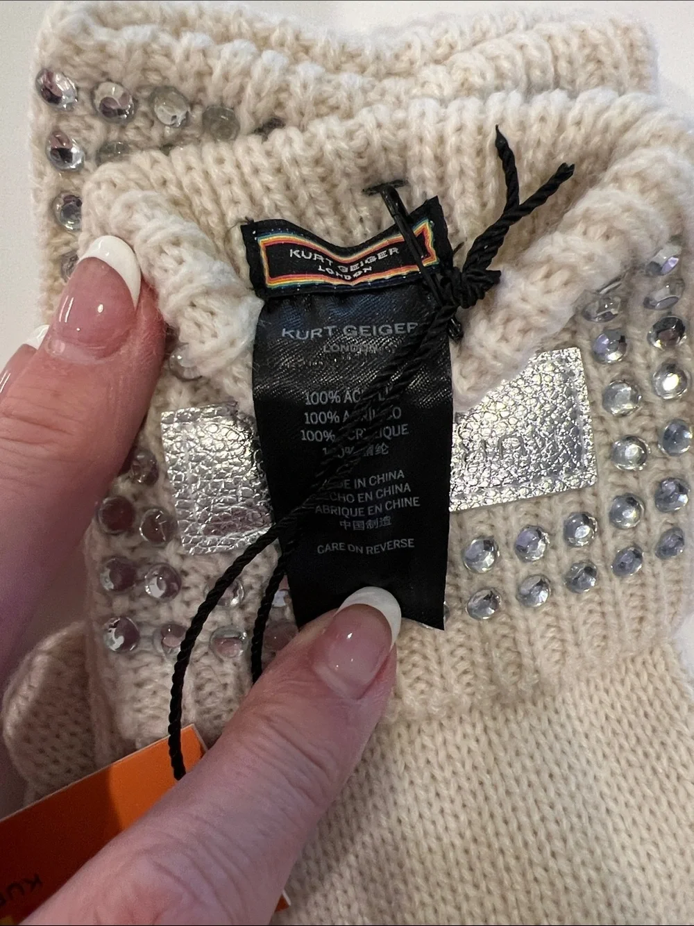 Kurt Geiger London Crystal Cuff Gloves Bone Embellished Knit Winter NWT
